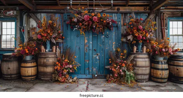A rustic wedding ceremony with a blue wooden door and autumnal floral arrangements