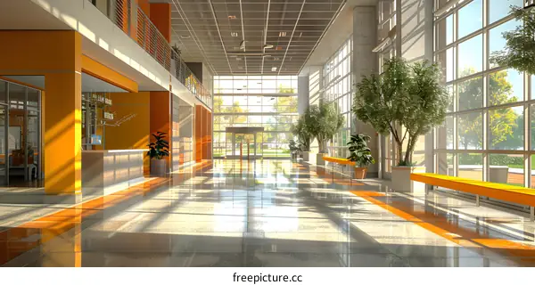 An empty office lobby with large windows and orange walls
