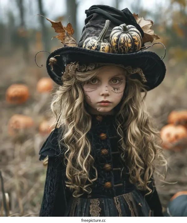 Little Girl Dressed as Witch with Pumpkins in Autumn