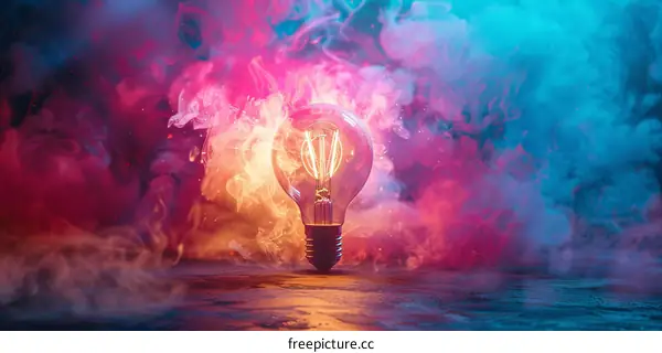 Lightbulb in Colorful Smoke Clouds