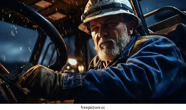 Portrait of a male miner operating heavy machinery in a mine.