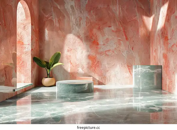 Green Marble Podium on a Pink Marble Floor in a Room with Sunlight