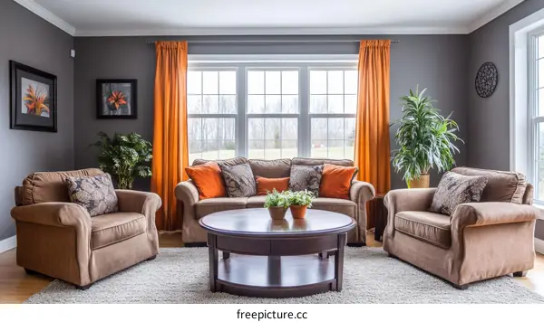 Modern Living Room Interior Design with Orange Accents