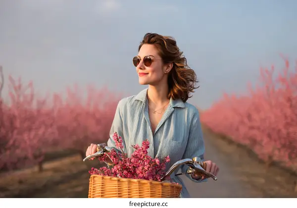 Woman Biking Through a Blooming Orchard