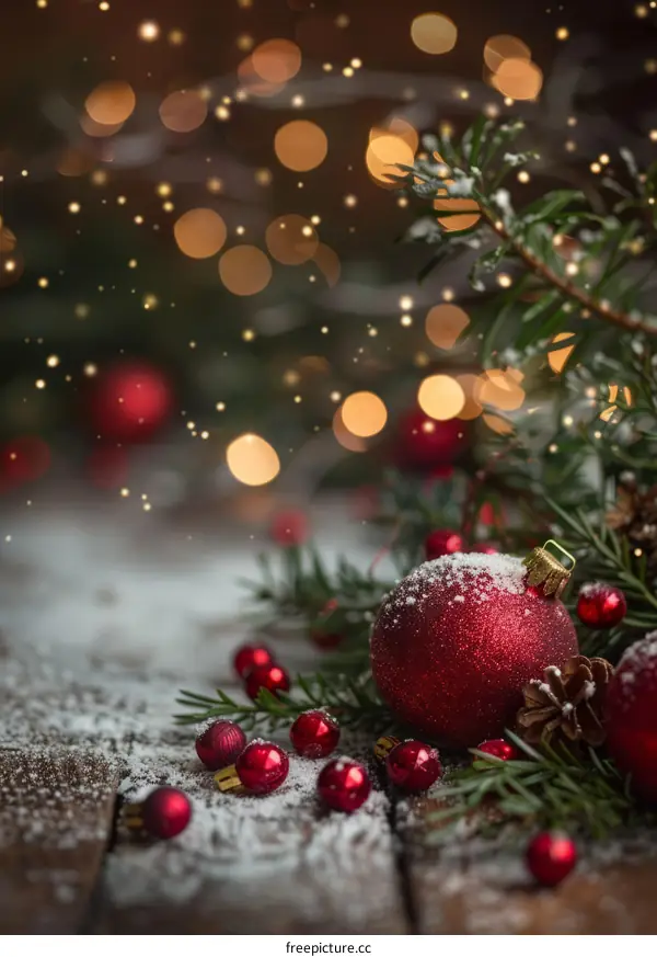 Red Christmas ornaments on a wooden table with a snowy background