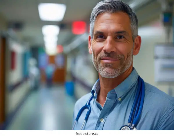 Portrait of a smiling male doctor in a hospital hallway