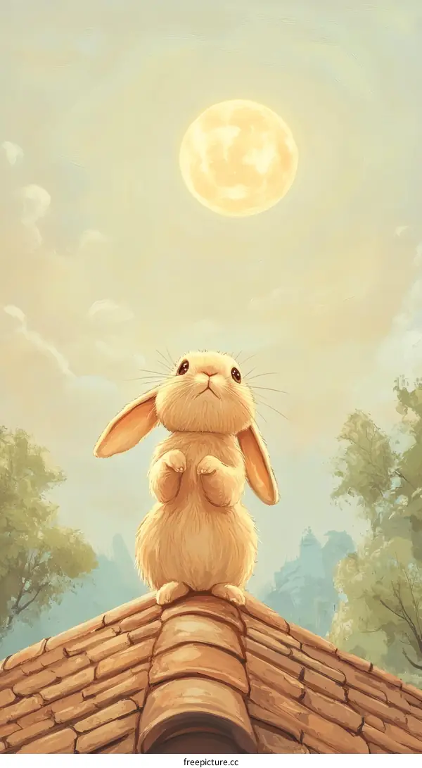 Cute Rabbit on the Roof Under the Moon