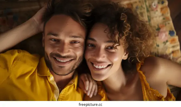 A smiling man and woman with curly hair lying on a blanket