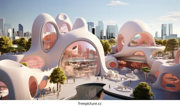 Futuristic Pink Cityscape with People