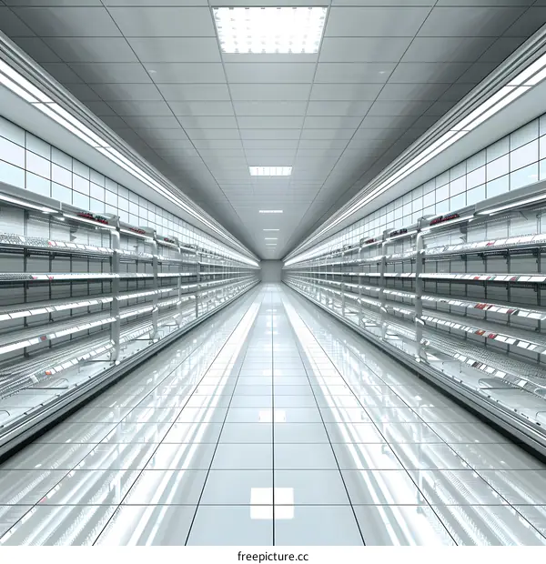 Empty Supermarket Aisle with Shelves