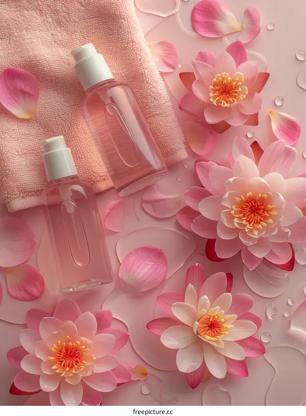 Close-up image of pink lotus flowers and clear cosmetic bottles