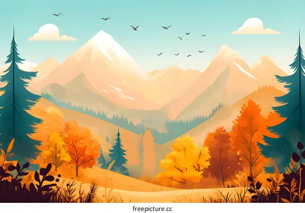 Autumn Mountain Landscape with Golden Trees