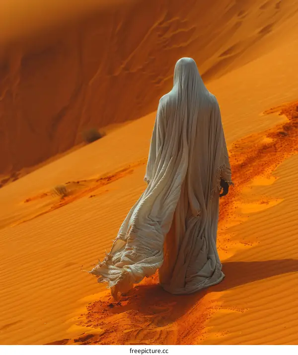 A figure in a white robe walks through a desert landscape