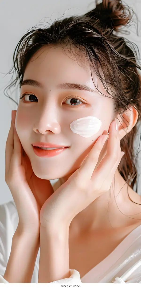 Asian Woman Applying Facial Cream