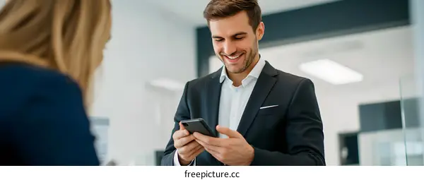 Smiling Businessman Using Smartphone While Looking At Woman In Office