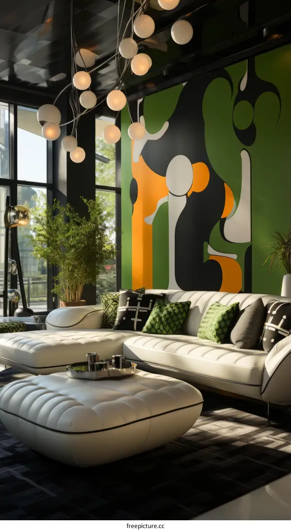 Modern Living Room with Green Accent Wall and White Sofa