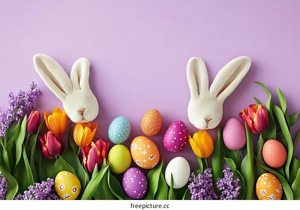 Easter Decorations with Colorful Eggs and Flowers