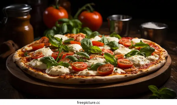 A delicious pizza with tomatoes, basil, and cheese