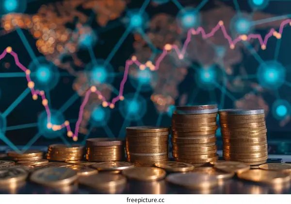 Stacks of coins with a glowing circuit board in the background.