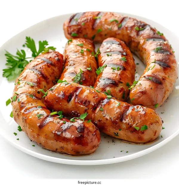 grilled sausages with parsley on white plate