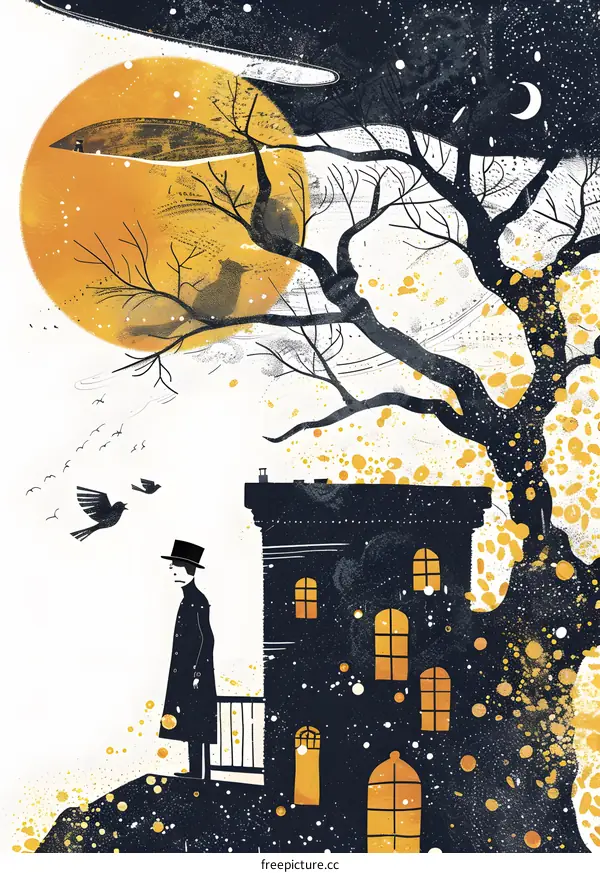 Silhouette of a Man Standing in Front of a Building with a Tree and a Full Moon