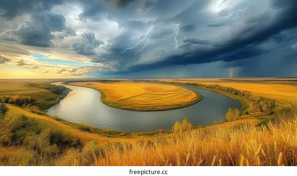 A river meanders through a rural landscape with stormy skies looming overhead