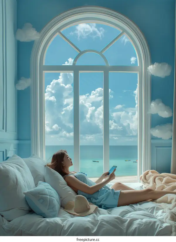 A woman relaxing on a bed in a beach house looking out at the ocean