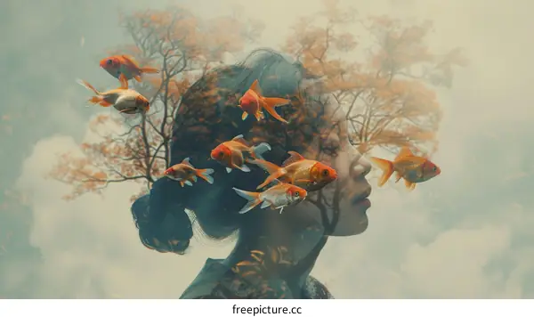 A girl with goldfish swimming around her head
