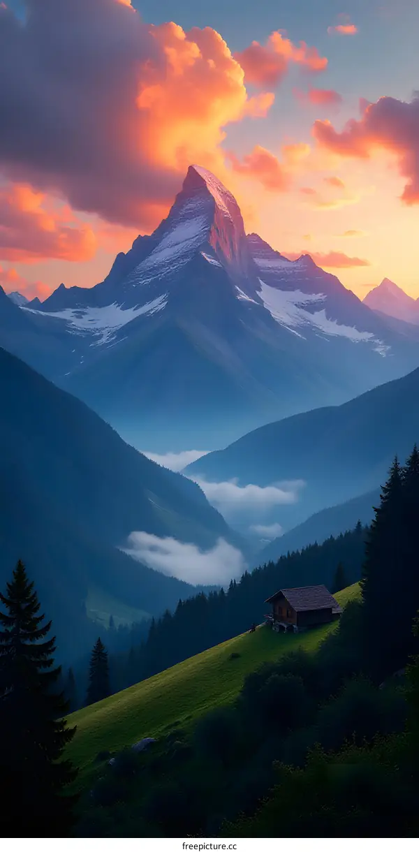 Alpine Mountain Landscape with Sunset Clouds and a Cabin
