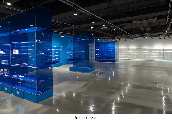 Empty Store Interior with Blue Glass Shelves and Grey Floor