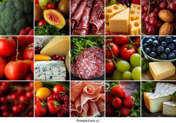A variety of fruits, vegetables, and cured meats are arranged together in a collage.