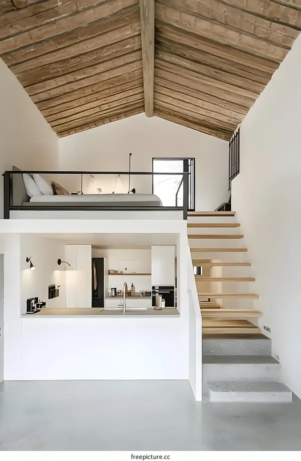 Modern Loft Apartment Interior Design with Wooden Beams and Concrete Floor