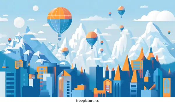 Cityscape with Hot Air Balloons Flying Over Mountains