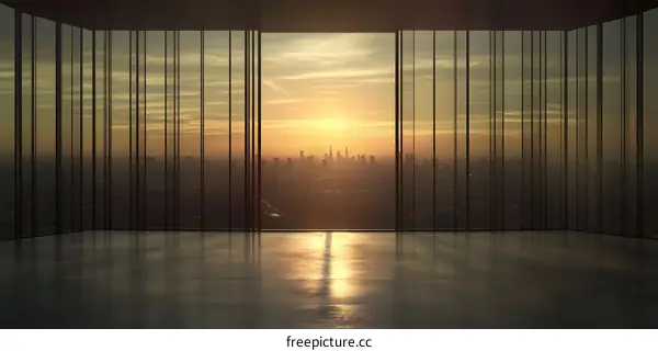 Modern Office Building With City Skyline View At Sunset