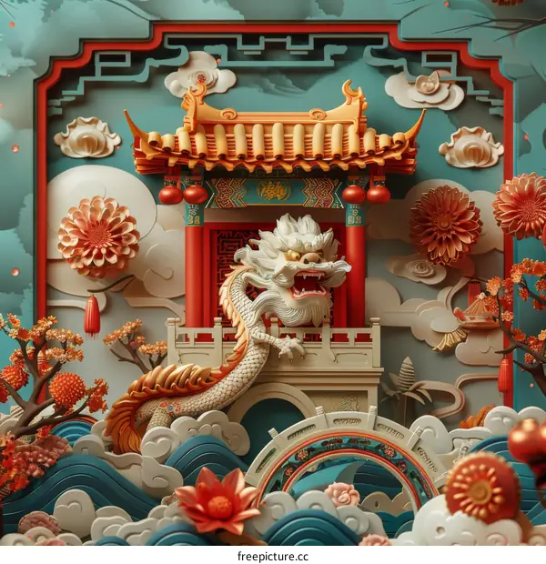 3D illustration of Chinese New Year festive background with dragon and flowers