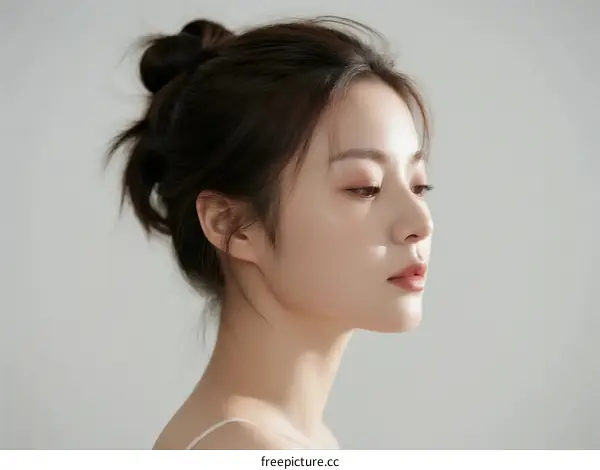 Profile of Young Asian Woman with Elegant Hair Bun