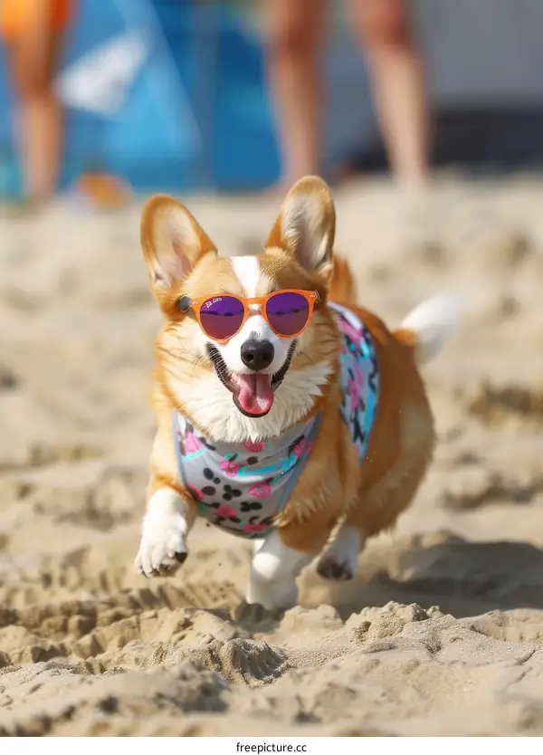 A happy dog wearing sunglasses is running on the beach