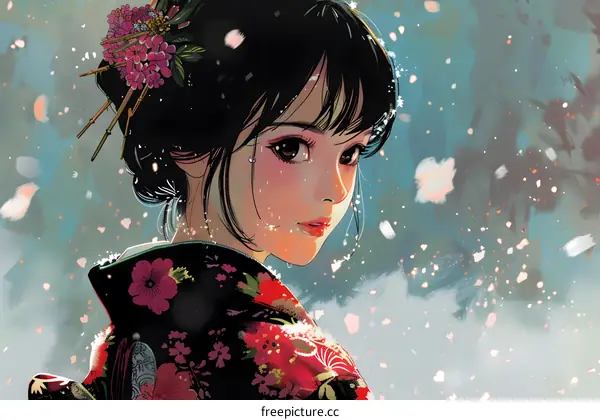 A beautiful Japanese woman in a kimono with pink and red flowers in her hair and a red and pink kimono with white and yellow flowers.