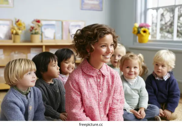 A group of young children sitting in a classroom with a teacher