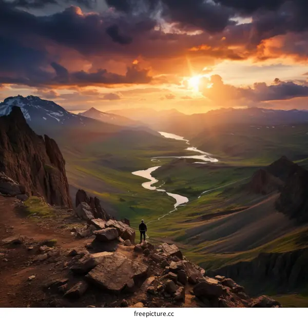 hiker on a mountain peak enjoying the sunset over a valley
