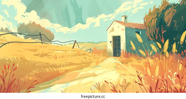 Small House Illustration in the Grass Field