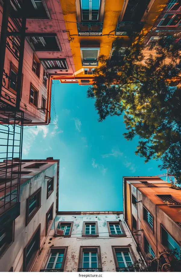 Looking Up At The Blue Sky Between Buildings