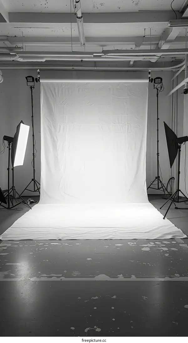 An Empty Photo Studio with White Backdrop and Lighting Equipment