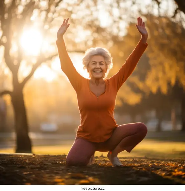 Happy senior woman doing yoga in the park