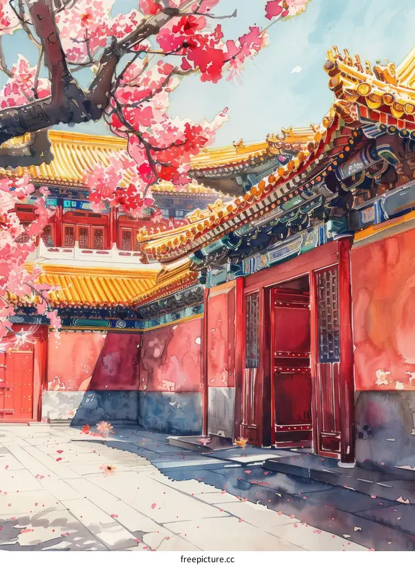 Chinese courtyard with red walls and grey tiles under the peach blossom tree
