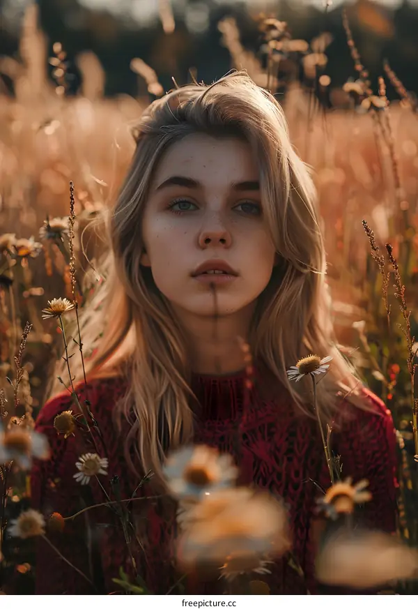 Portrait of a Woman with Blonde Hair and Freckles in a Field of Flowers