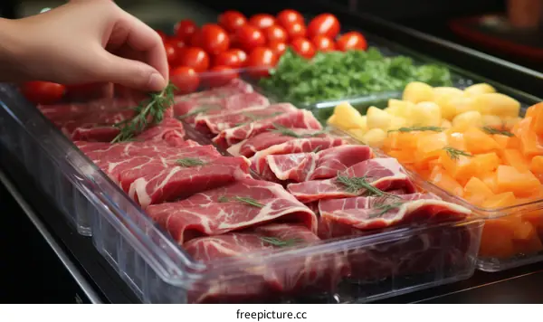 Close-up of a person's hand holding a bunch of parsley over a variety of raw meats and vegetables