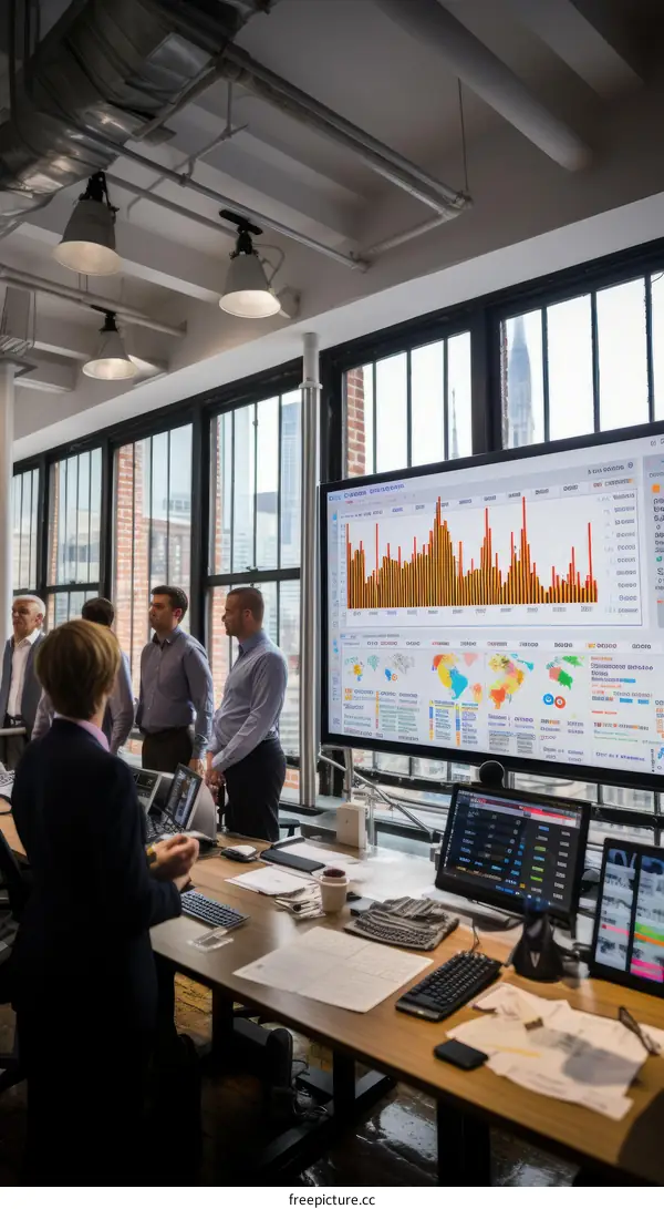 Business people discussing data and information on large screen in modern office space