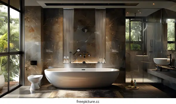 Bathroom With Bathtub And Large Windows