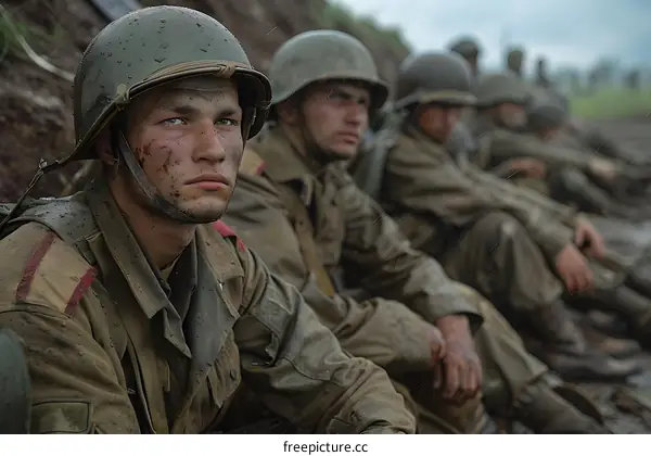 A group of soldiers in a foxhole during World War II.